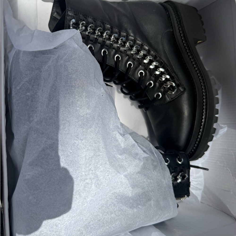 Rebecca Minkoff Black Leather Combat Boots with Silver Hardware